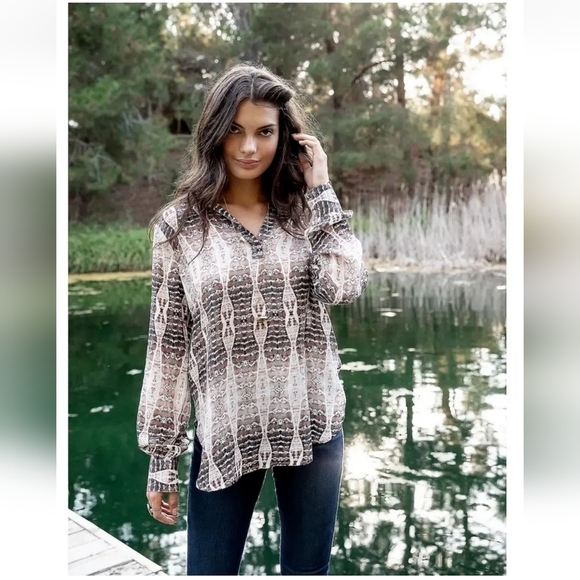 Haute Hippie Tribe Harper Snake Print Semi-Sheer Long Sleeve Blouse - Size S - Picture 14 of 14